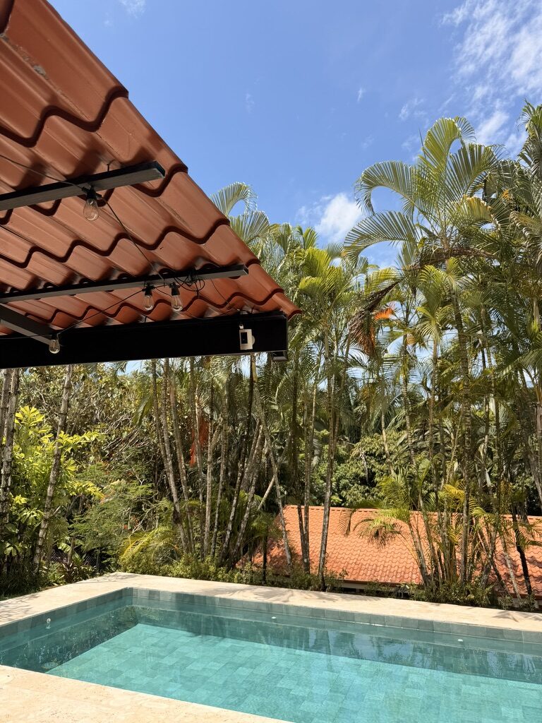 Pool under the tile-roofed carport with palms behind