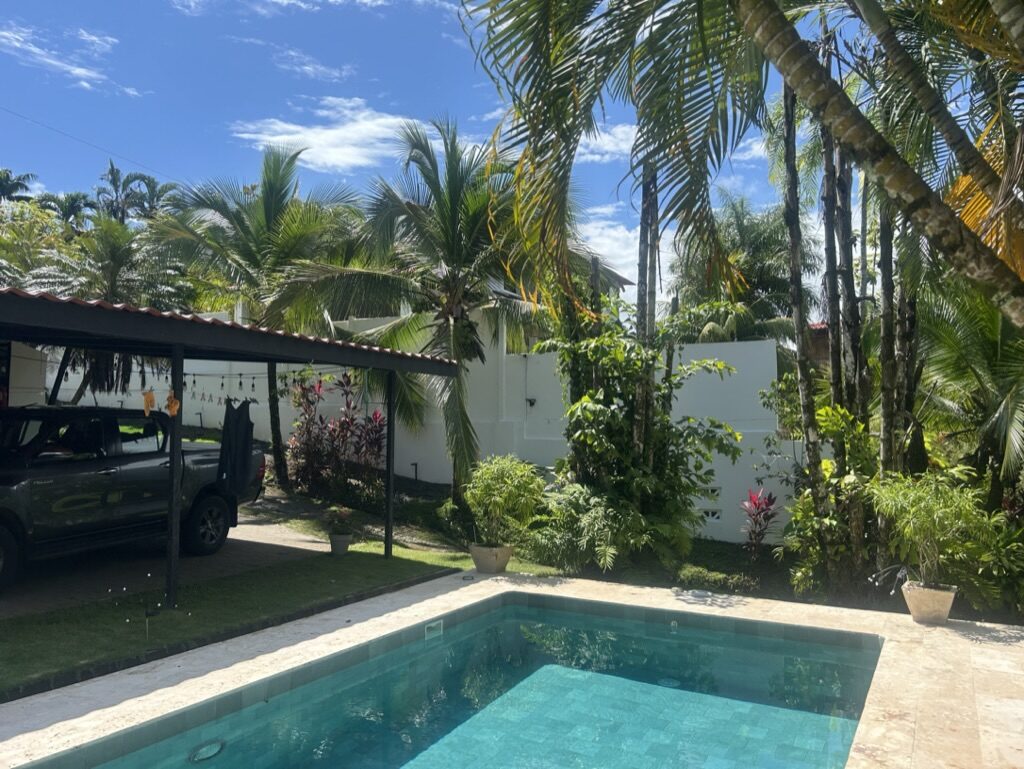 Pool deck and tropical garden by day